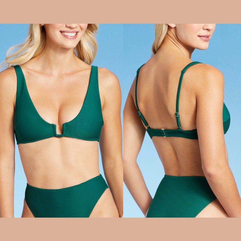 NWT $23 Shade & Shore Square Wire Ribbed Triangle Bikini Top‎ Green [ XL ] #